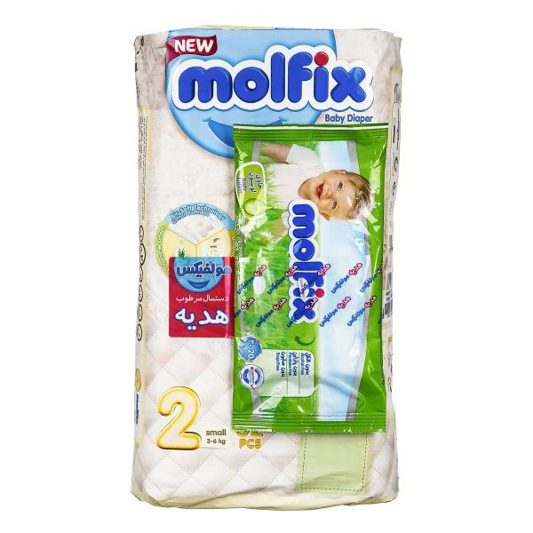 پوشک کامل بچه سایز 2 (3 تا 6 کیلو گرم) 52 عددی + دستمال مرطوب بچه معطر هدیه مولفیکس