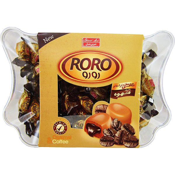 شکلات کادوئی جعبه کریستال تافی مغزدار کره ای با کرم قهوه رو رو RORO شیرین عسل 300 گرمی