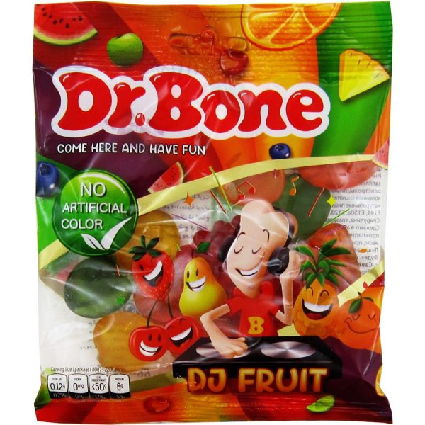پاستیل با طعم میوه ای DJ FRUIT دکتر بن Dr.Bone با رنگ طبیعی 85 گرمی